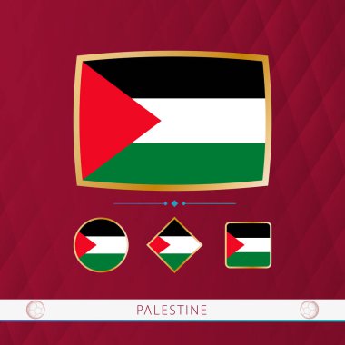 Set of Palestine flags with gold frame for use at sporting events on a burgundy abstract background.