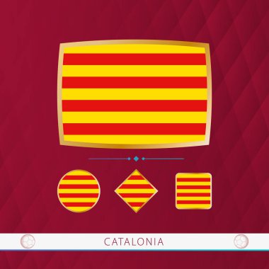 Set of Catalonia flags with gold frame for use at sporting events on a burgundy abstract background.