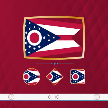 Set of Ohio flags with gold frame for use at sporting events on a burgundy abstract background.