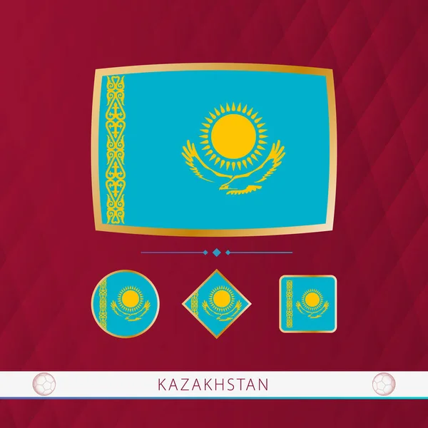 Set Kazakhstan Flags Gold Frame Use Sporting Events Burgundy Abstract — Stock Vector