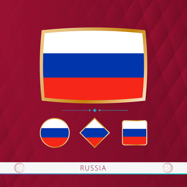 Set of Russia flags with gold frame for use at sporting events on a burgundy abstract background.