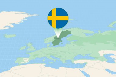 Map illustration of Sweden with the flag. Cartographic illustration of Sweden and neighboring countries.