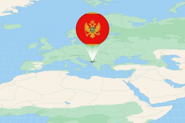Map illustration of Montenegro with the flag. Cartographic illustration of Montenegro and neighboring countries.