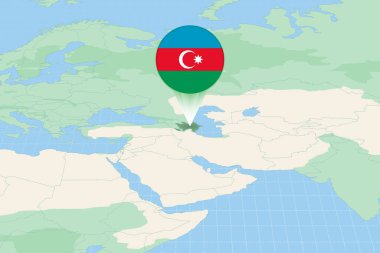 Azerbaycan 'ın bayraklı haritası. Azerbaycan ve komşu ülkelerin haritalı çizimi.