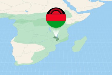 Map illustration of Malawi with the flag. Cartographic illustration of Malawi and neighboring countries.
