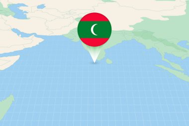 Maldivler 'in bayraklı haritası. Maldivler ve komşu ülkelerin haritalı çizimi.