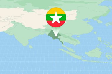 Map illustration of Myanmar with the flag. Cartographic illustration of Myanmar and neighboring countries.