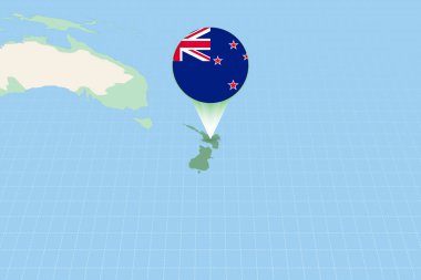 Map illustration of New Zealand with the flag. Cartographic illustration of New Zealand and neighboring countries.