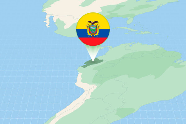 Map illustration of Ecuador with the flag. Cartographic illustration of Ecuador and neighboring countries.