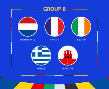 Grup B 'nin bayraklarını çember yapın. 2024 Avrupa Futbol Turnuvası katılımcıları. Futbol vektör arkaplanı.