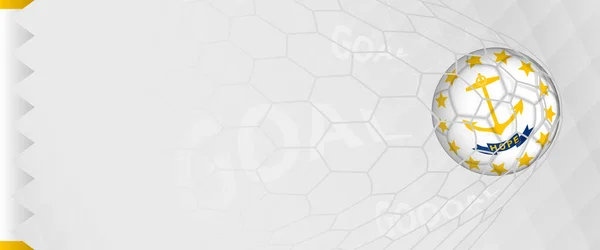 ロードアイランド代表チームのゴールであるサッカーネットのロードアイランドの旗を掲げたサッカーボールのバナーデザイン — ストックベクタ