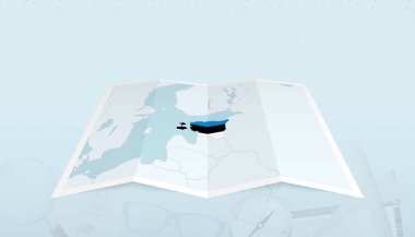 Estonya haritası ve Estonya bayrağı soyut bir arkaplanda haritanın dış hatları..