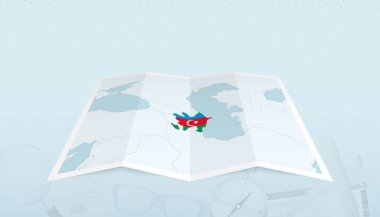 Azerbaycan 'ın haritası ve Azerbaycan bayrağı soyut bir arkaplanda haritanın sınırında..