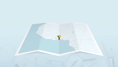 Benin 'in haritası. Benin' in bayrağı haritanın dış hatlarında. Soyut bir arkaplanda..