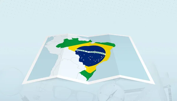 추상적 배경으로 지도의 등고선에 브라질의 깃발이 그려진 브라질 — 스톡 벡터
