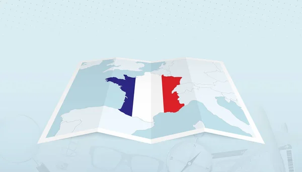 추상적 배경으로 지도의 등고선에 프랑스의 깃발이 그려진 프랑스 — 스톡 벡터