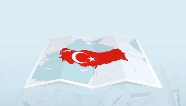 Peta Turki Dengan Bendera Turki Dalam Kontur Peta Pada Latar - Stok Vektor