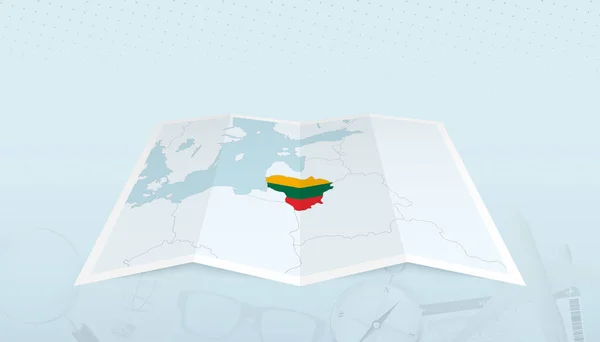 Kaart Van Litouwen Met Vlag Van Litouwen Contour Van Kaart — Stockvector