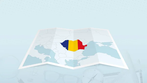 Romanya Haritası Romanya Bayrağı Soyut Bir Arkaplan Gezisinde Haritanın Sınırında — Stok Vektör