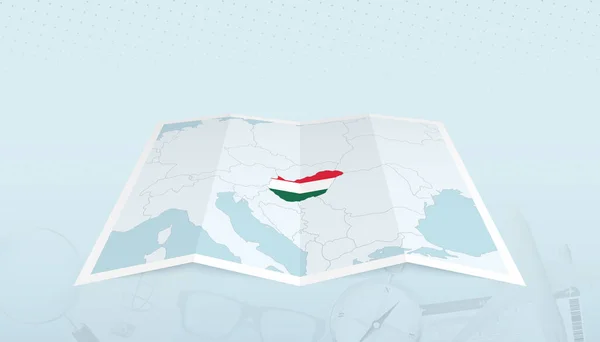 Mapa Hungria Com Bandeira Hungria Contorno Mapa Cenário Abstrato Viagem — Vetor de Stock