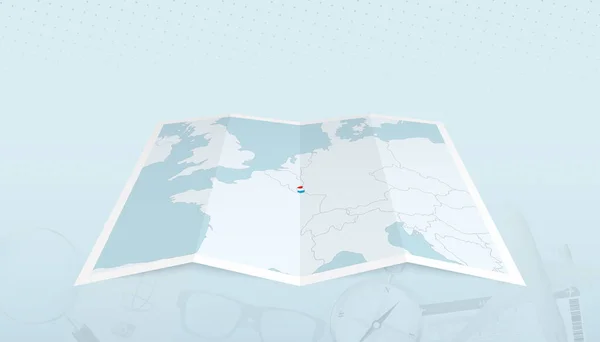 带卢森堡国旗的卢森堡地图在地图轮廓上的旅行摘要背景 — 图库矢量图片