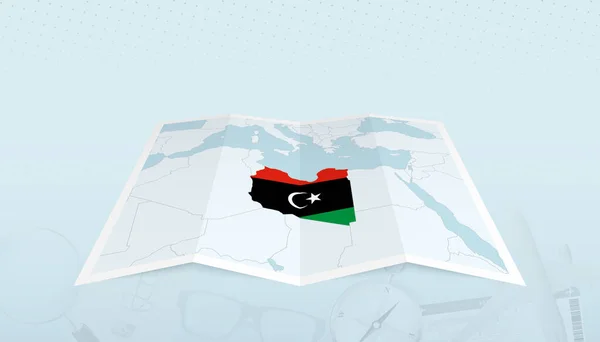 Mapa Libii Flagą Libii Konturze Mapy Abstrakcyjnym Tle Wycieczki — Wektor stockowy