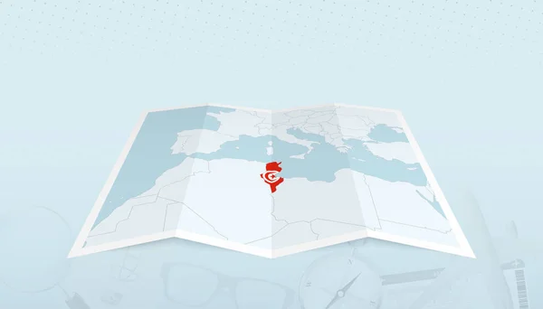 带突尼斯国旗的突尼斯地图在地图轮廓上的旅行摘要背景 — 图库矢量图片