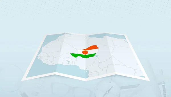 Mappa Del Niger Con Bandiera Del Niger Nel Contorno Della — Vettoriale Stock