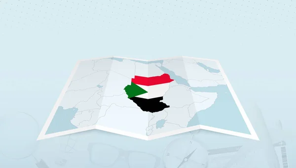 Карта Судана Флагом Судана Контуре Карты Абстрактном Фоне Поездки — стоковый вектор
