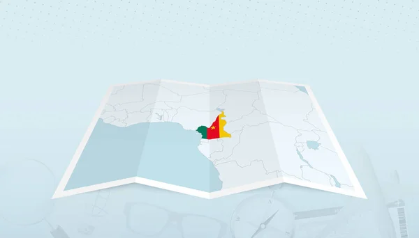 Mapa Kamerunu Vlajkou Kamerunu Obrysu Mapy Výletě Abstraktní Pozadí — Stockový vektor