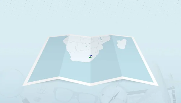 带莱索托国旗的莱索托地图 在地图的轮廓上有旅行摘要背景 — 图库矢量图片