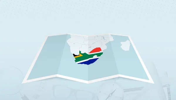在旅行摘要背景上的地图轮廓中带有南非国旗的南非地图 — 图库矢量图片