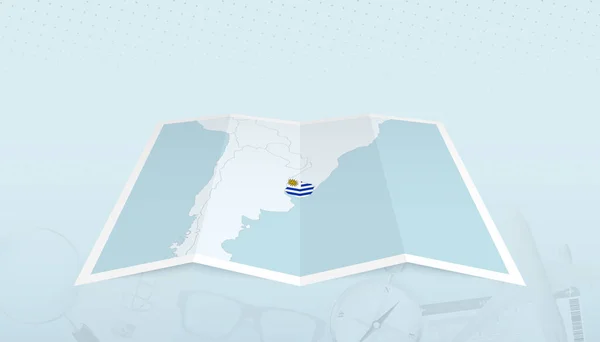 带乌拉圭国旗的乌拉圭地图在地图轮廓上的旅行摘要背景 — 图库矢量图片