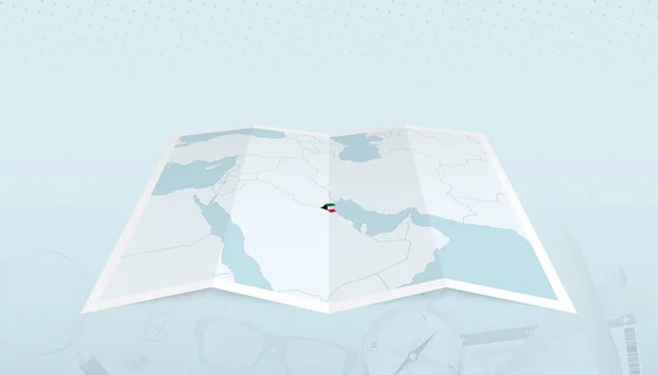 Карта Кувейта Флагом Кувейта Контуре Карты Абстрактном Фоне Путешествия — стоковый вектор