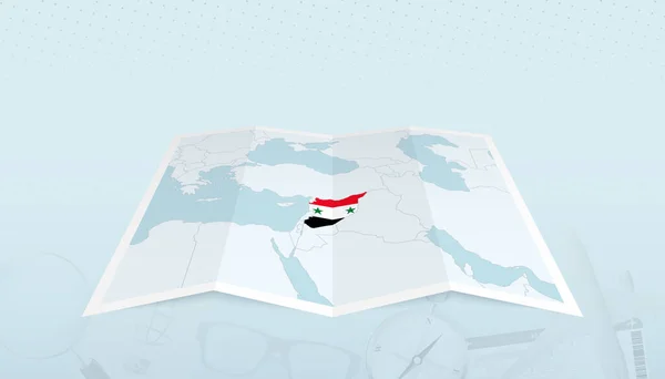 Карта Сирії Прапором Сирії Контурі Карти Туристичному Абстрактному Тлі — стоковий вектор