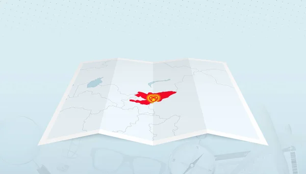 Kaart Van Kirgizië Met Vlag Van Kirgizië Contour Van Kaart — Stockvector