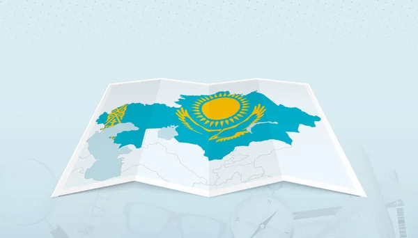 カザフスタンの国旗が描かれたカザフスタンの地図旅行の概要背景 — ストックベクタ