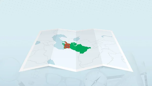 带土库曼斯坦国旗的土库曼斯坦地图 在地图轮廓上有旅行摘要背景 — 图库矢量图片