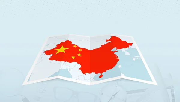 中国の国旗が地図の輪郭に描かれた中国地図旅行の抽象的な背景 — ストックベクタ