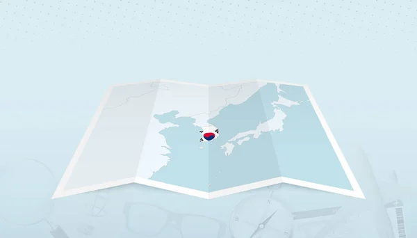 带着韩国国旗的韩国地图在地图轮廓上的旅行摘要背景 — 图库矢量图片