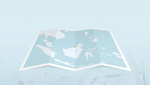 带文莱国旗的文莱地图在地图轮廓上的旅行摘要背景 — 图库矢量图片