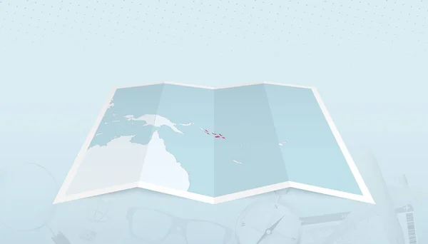 带所罗门群岛国旗的所罗门群岛地图在地图轮廓上的旅行摘要背景 — 图库矢量图片
