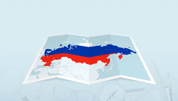 Map of Russia with the flag of Russia in the contour of the map on a trip abstract backdrop.