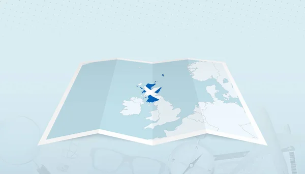 带苏格兰国旗的苏格兰地图在旅行抽象背景地图的轮廓上 — 图库矢量图片