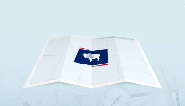 Wyoming haritası ve Wyoming bayrağı soyut bir arkaplanda haritanın etrafında..