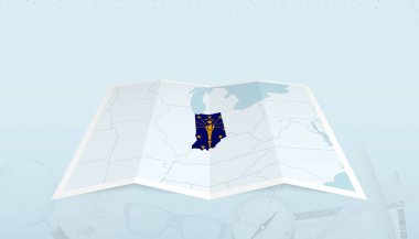 İndiana haritası, haritanın dış hatlarında Indiana bayrağı olan soyut bir arka plan..