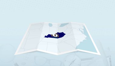 Kentucky haritası ve Kentucky bayrağı soyut bir arka planda haritanın etrafında..
