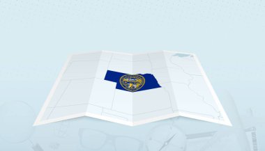Nebraska haritası ve Nebraska bayrağı soyut bir arkaplanda haritanın etrafında..