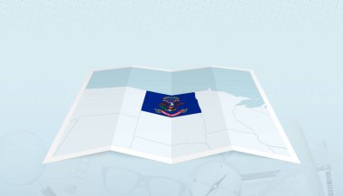 Kuzey Dakota haritası. Haritada Kuzey Dakota bayrağı var. Soyut bir arkaplanda..