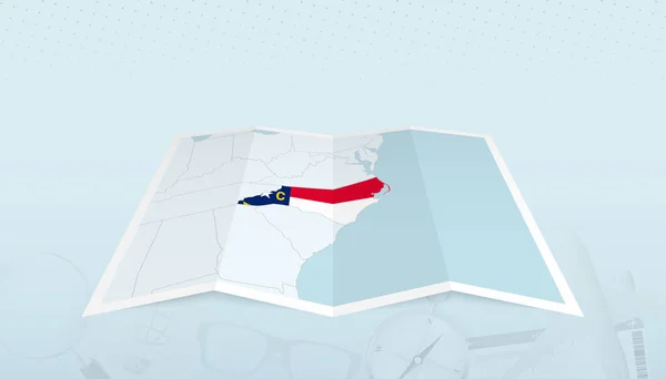 带有北卡罗莱纳州国旗的北卡罗莱纳州地图在旅行摘要背景上的等高线 — 图库矢量图片